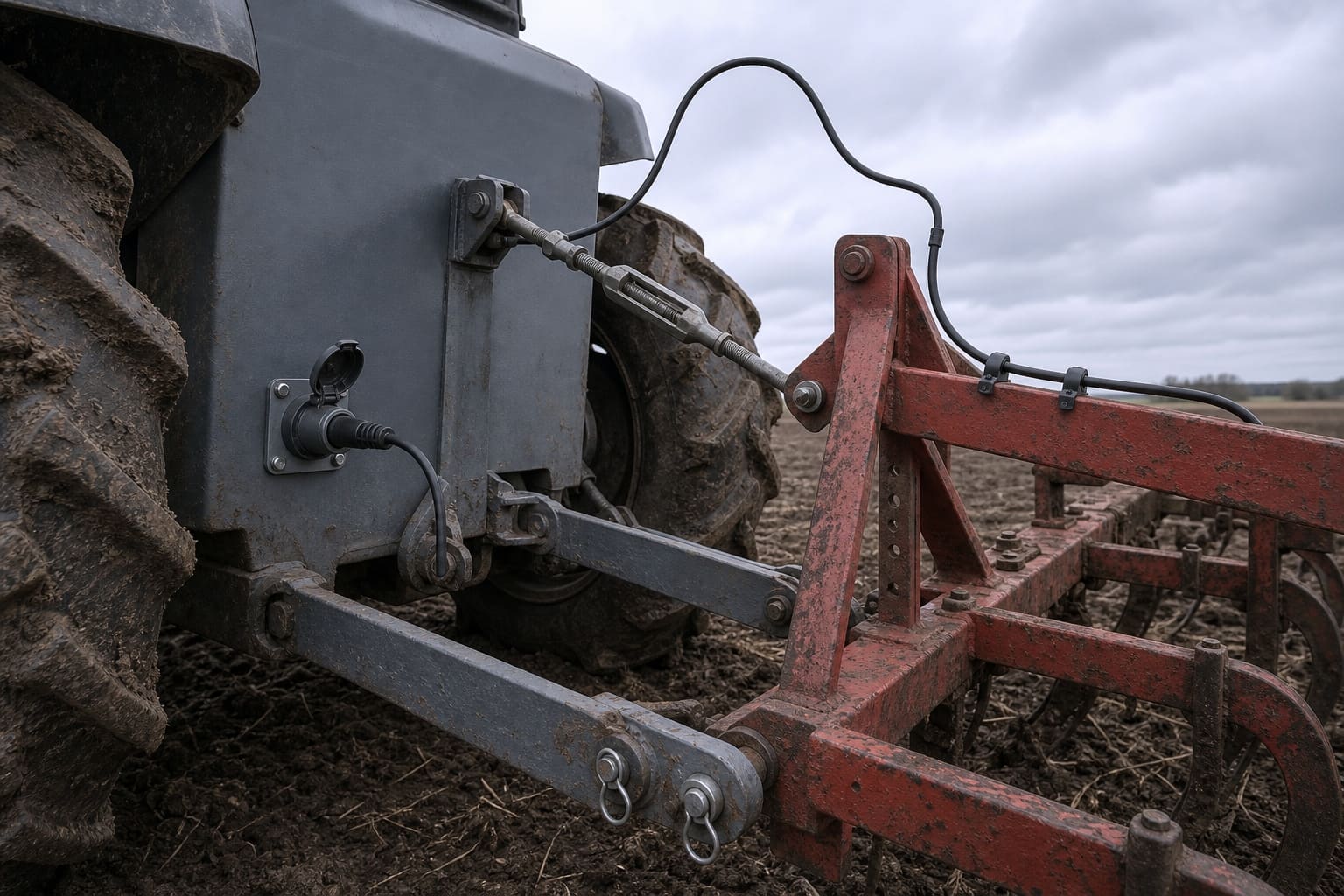 Exterior rear view of a grey tractor and red cultivator: both lower lift arms and the top link pinned to the implement A-frame, and a single implement plug seated in the tractor-side ISOBUS socket with its cable looping clear of the hitch onto the red implement frame