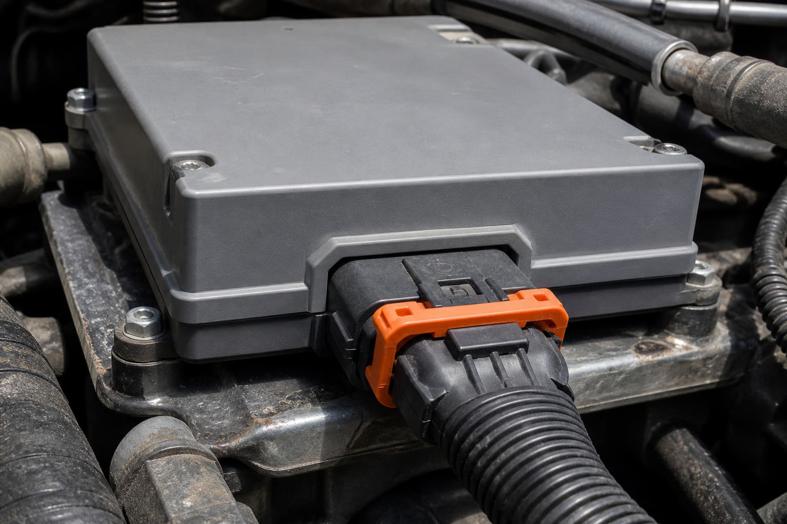 Closed commercial-vehicle control module in an engine bay, harness plug seated in the header, orange lock lever across the joint.
