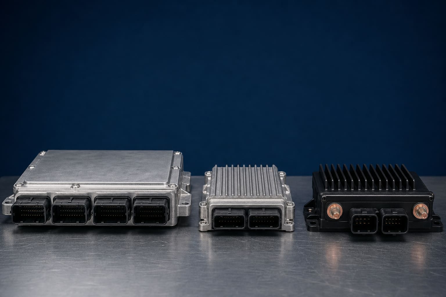 Three commercial-vehicle control modules laid out side by side on a workbench — a body control module, a vehicle control unit and a power management unit — each with its sealed multi-pin connectors.