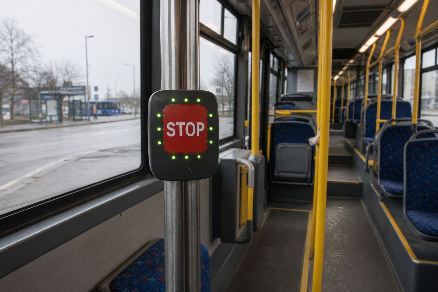 Screwless stop-request button with white STOP legend on a red face and green standby LEDs, clip-mounted at chest height on a stainless grab stanchion in a city bus saloon, with empty patterned seats, yellow rails and a wet street visible through the side window