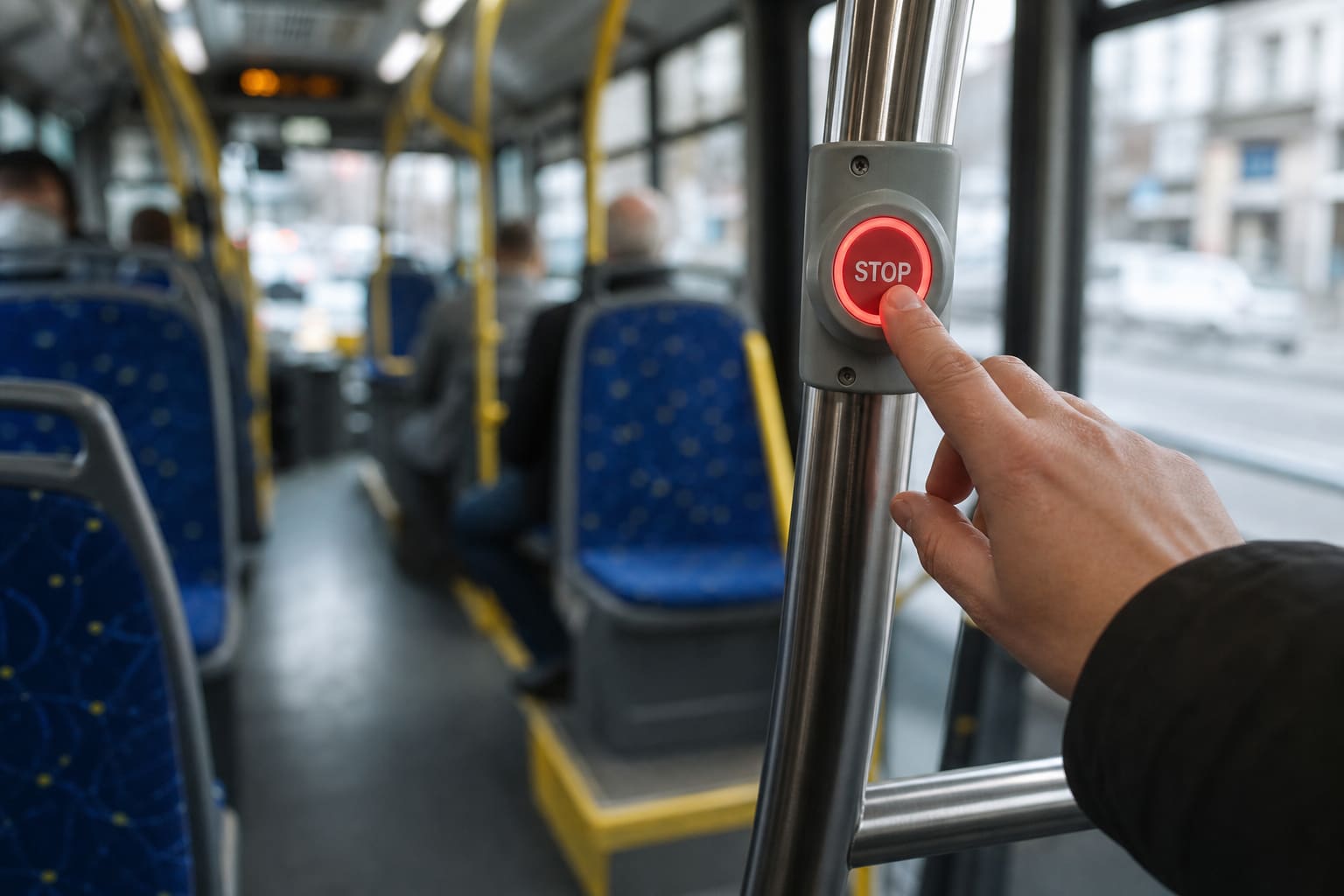 A passenger's hand pressing a round STOP request button mounted on a city-bus grab rail, with the button's indicator lit