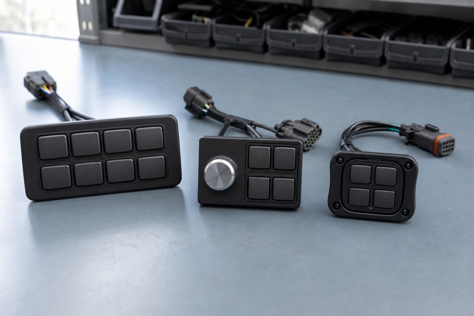 CAN bus switch panel formats — an eight-key rocker grid, a rotary keypad controller and a rugged sealed panel — with wiring harnesses on a workbench
