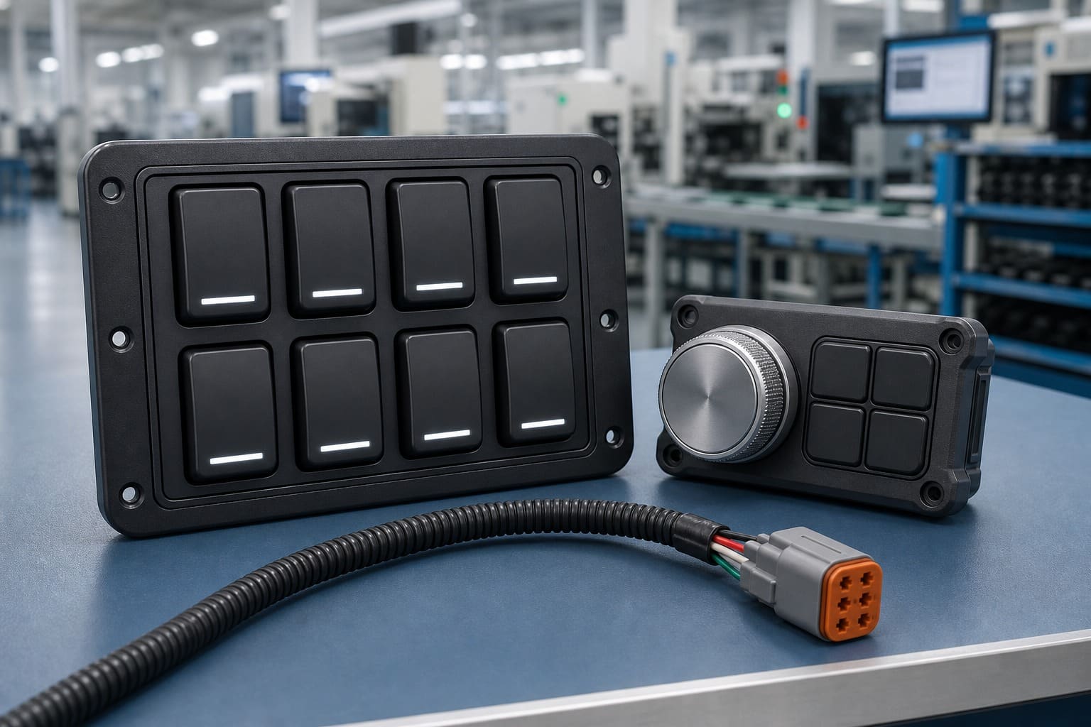 Commercial-vehicle CAN bus switch panels and rotary keypad controllers with wiring harness on an electronics manufacturing bench