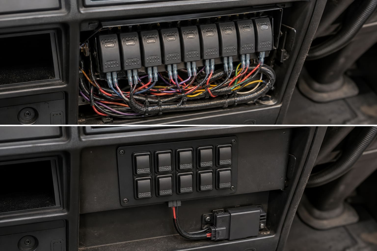 CAN bus switch panel versus discrete dashboard wiring: one two-wire bus replaces a bundle of individual switch wires