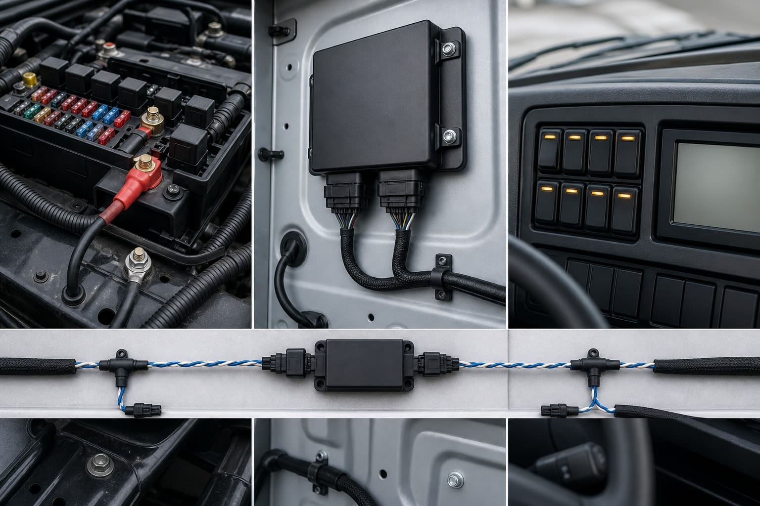 Power distribution, body control and driver-interface hardware on a commercial vehicle, crossed by a twisted-pair network run with a gateway and branch connections.