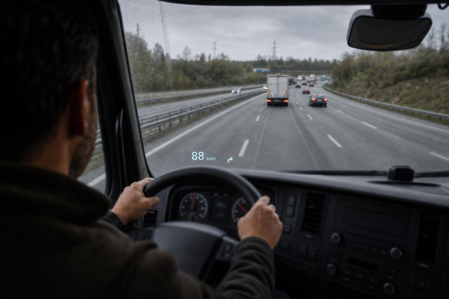 Commercial-vehicle windshield HUD showing a restrained speed readout and navigation arrow low in the driver's forward view