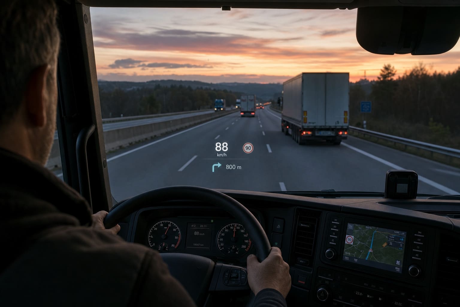 Commercial-vehicle head-up display projecting speed and a navigation arrow into the driver's forward line of sight, with the instrument cluster lower down for comparison