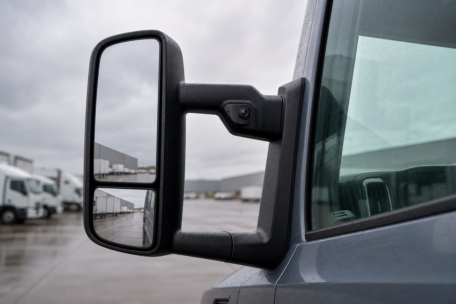 A heavy commercial truck's driver-side exterior mirror — a main mirror above a wide-angle lower mirror on a black support arm — with a small camera housing mounted on the arm, parked at a logistics depot