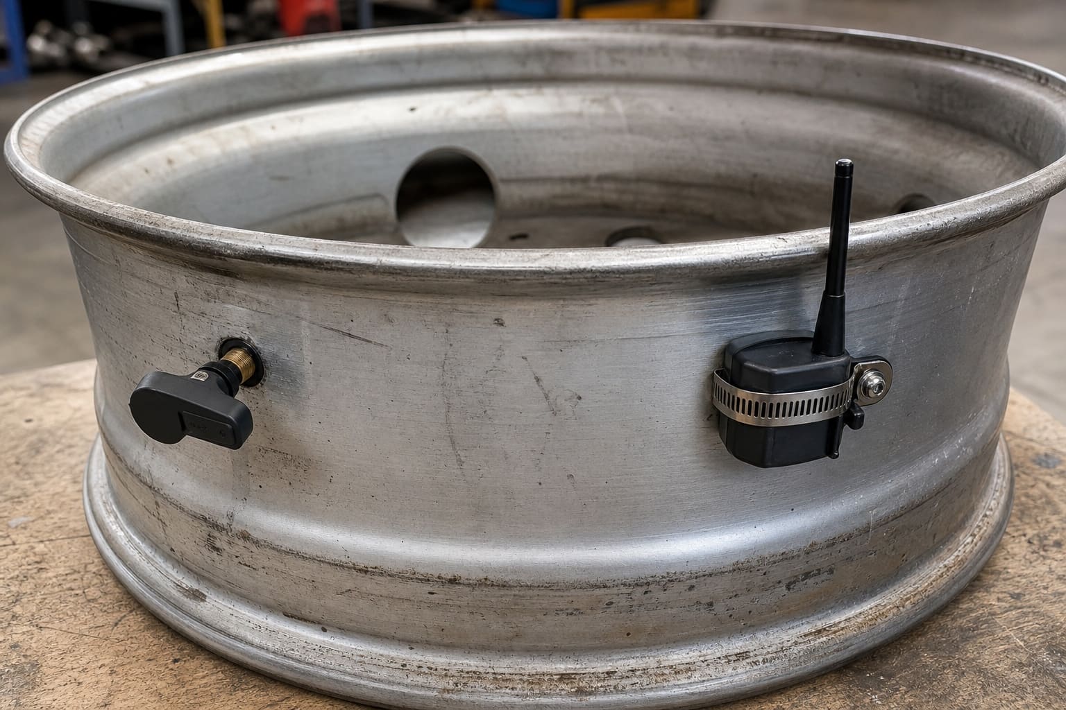 A valve-stem TPMS sensor and a clamp-mount TPMS sensor with a whip antenna fitted to a heavy-truck wheel rim