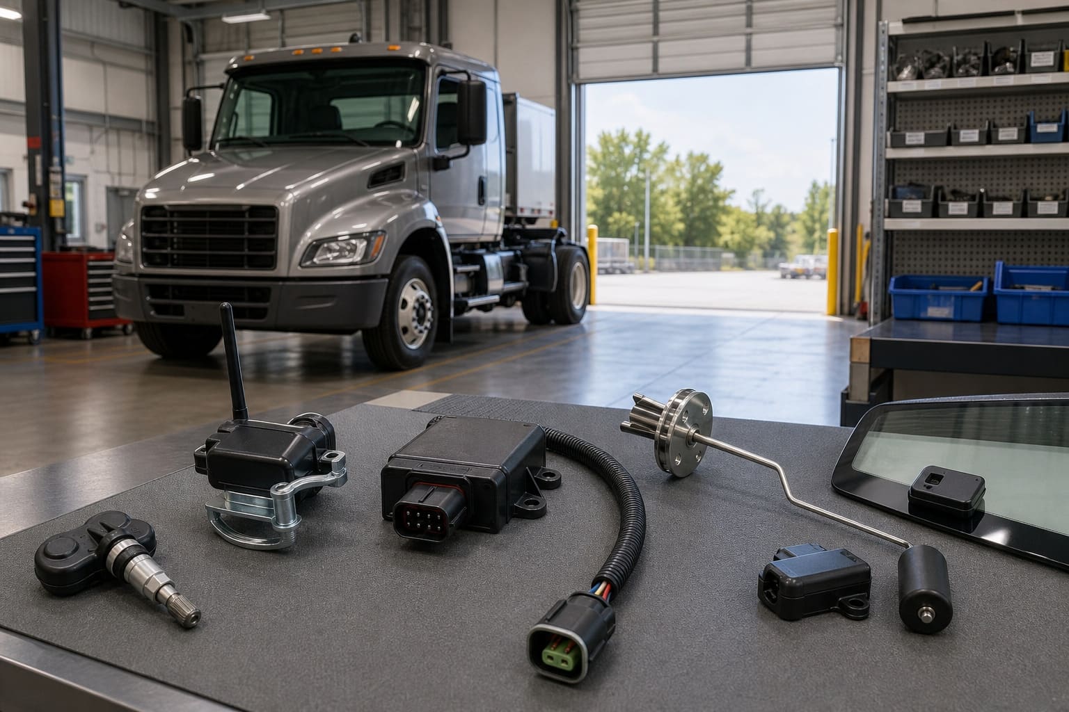 Commercial-vehicle sensors on a workshop bench: valve-stem and clamp-mount TPMS sensors, a CAN TPMS receiver, a wiring harness, a fuel-level sender and a rain-light sensor