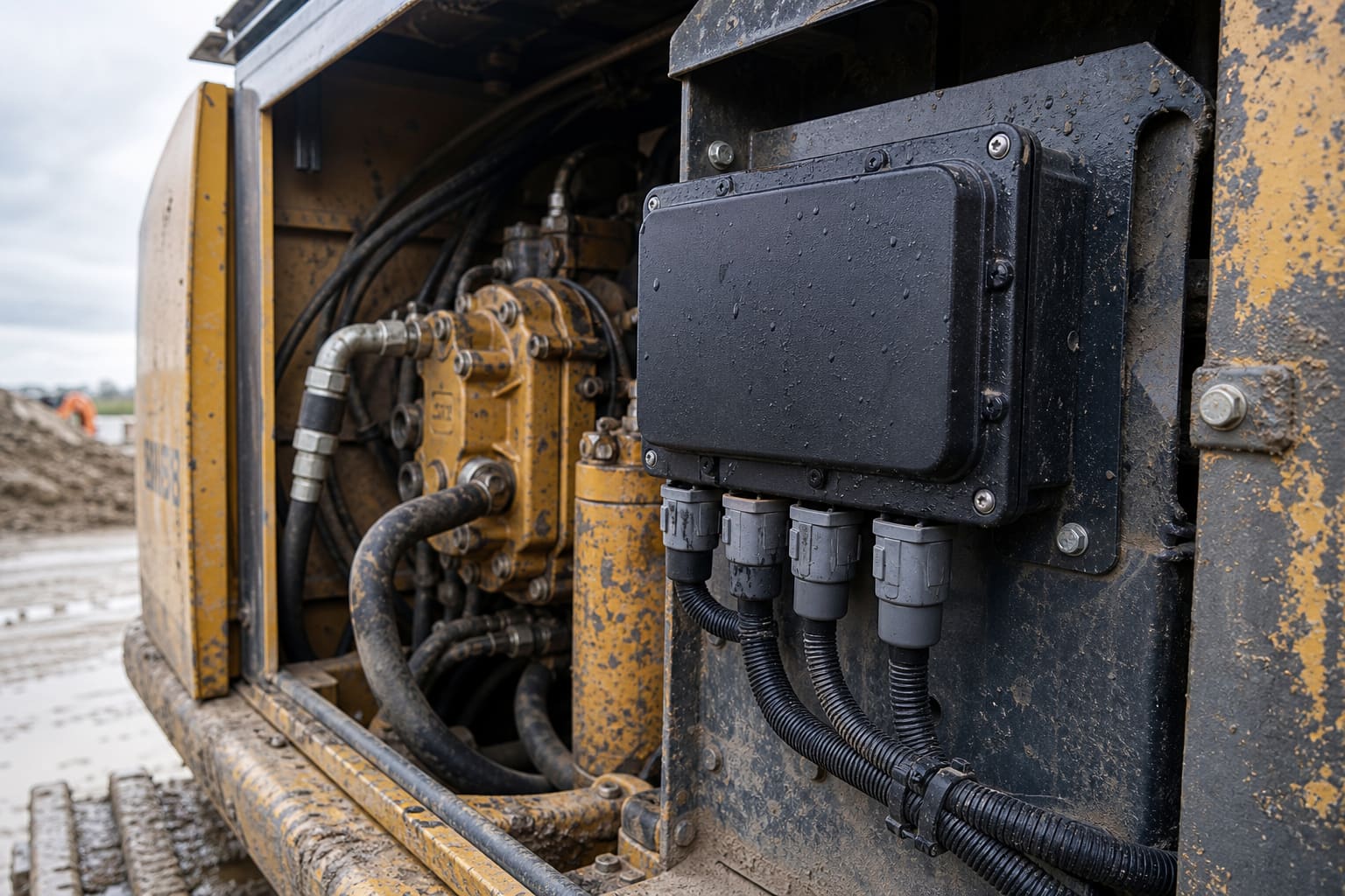 Sealed power distribution enclosure on a steel bracket beside a hydraulic valve bank on a tracked excavator deck, with a locked harness connector, cable gland and clamped looms entering the machine through rubber grommets