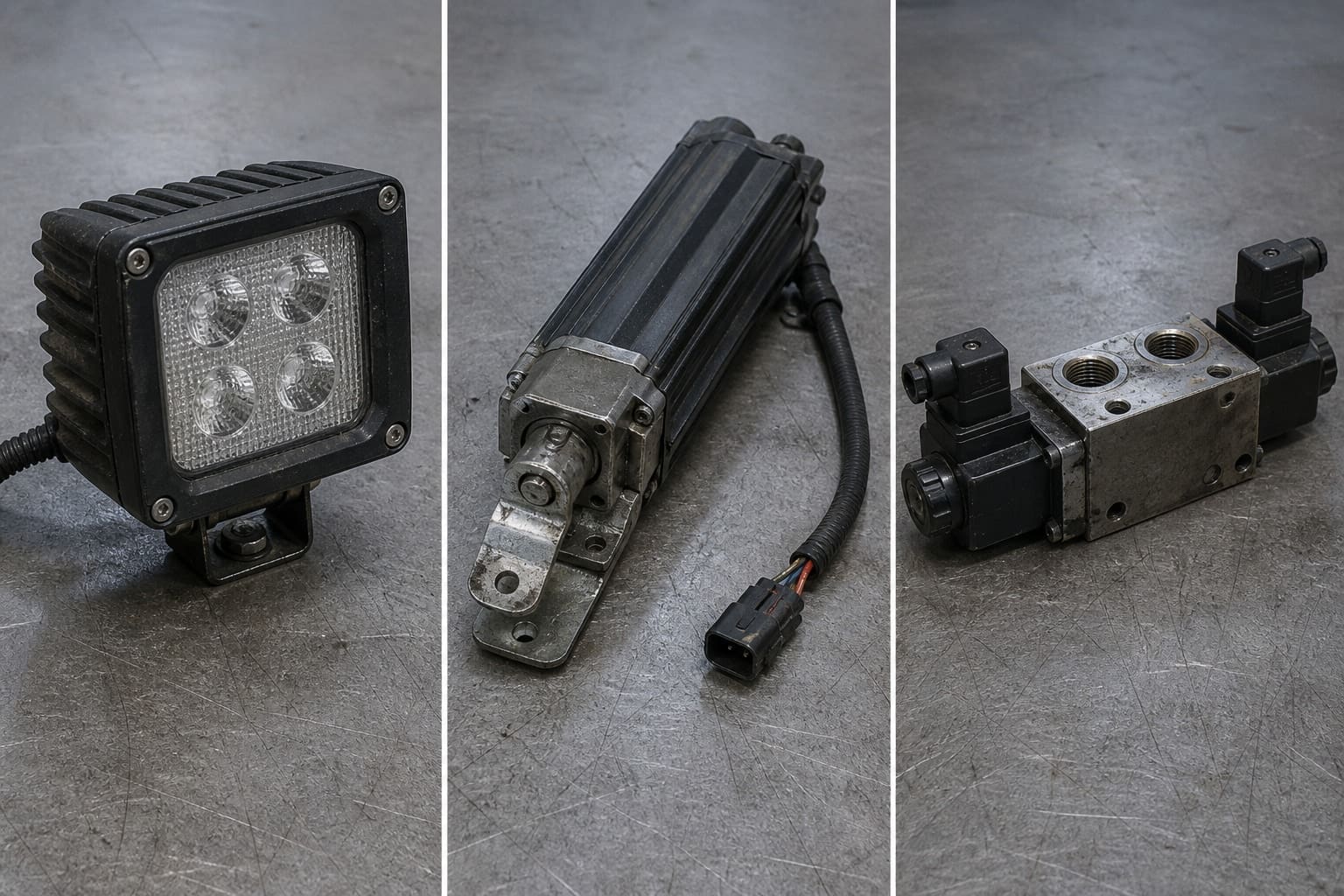 Three hardware types on a workshop floor: an LED work lamp, an electric linear actuator with a cable, and a hydraulic valve block with two solenoid coils.