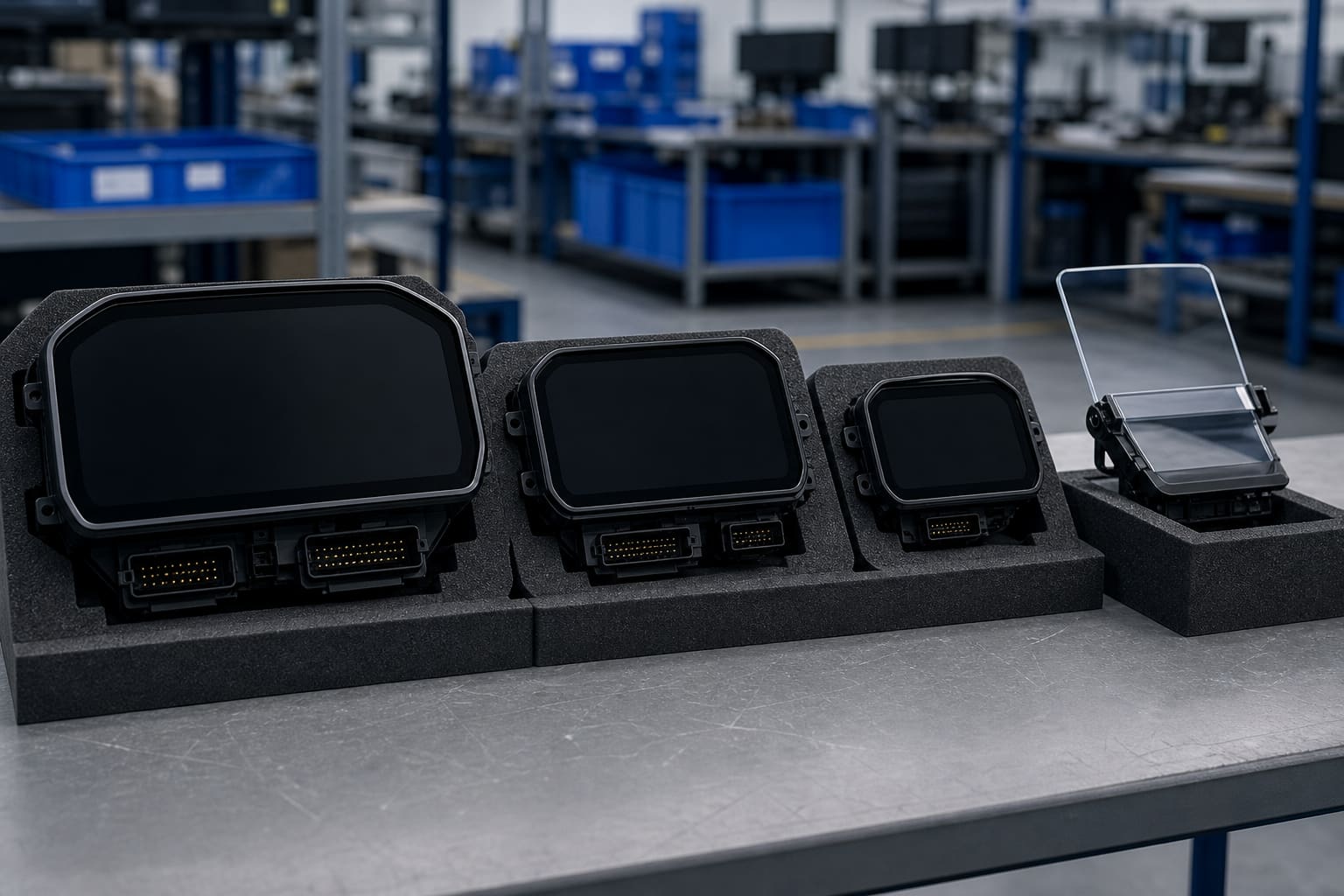 Commercial-vehicle digital instrument clusters in several sizes and a head-up display optical unit staged in antistatic foam trays
