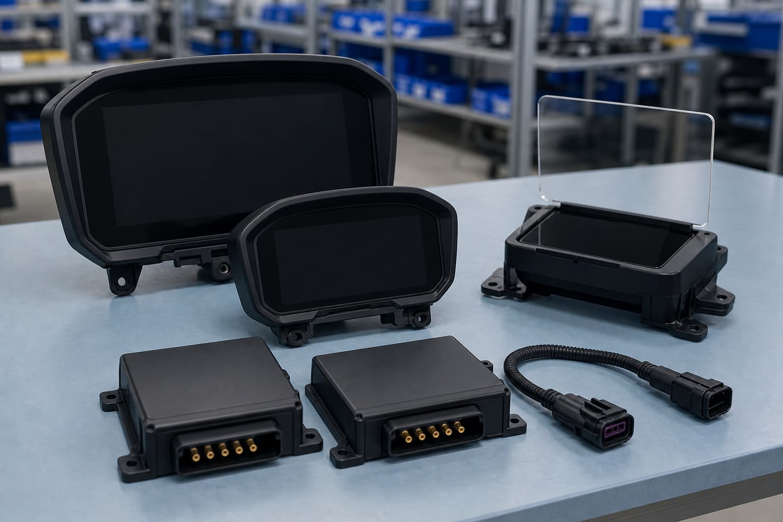 Commercial-vehicle instrument clusters, a head-up display unit and sealed control modules with wiring harness on an electronics manufacturing bench