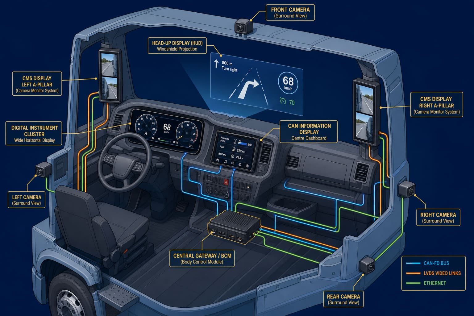 Isometric cutaway illustration of a heavy commercial-vehicle cab showing the displays and HUD stack: a wide digital instrument cluster behind the steering wheel, a secondary CAN information display on the dashboard, a windshield-projected head-up display image, a CMS cabin monitor on each A-pillar replacing the conventional Class II / Class IV mirrors, and surround-view cameras at the front, rear and both sides of the cab. Color-coded lines show CAN-FD (blue), LVDS video links (orange) and Ethernet to the gateway (green).
