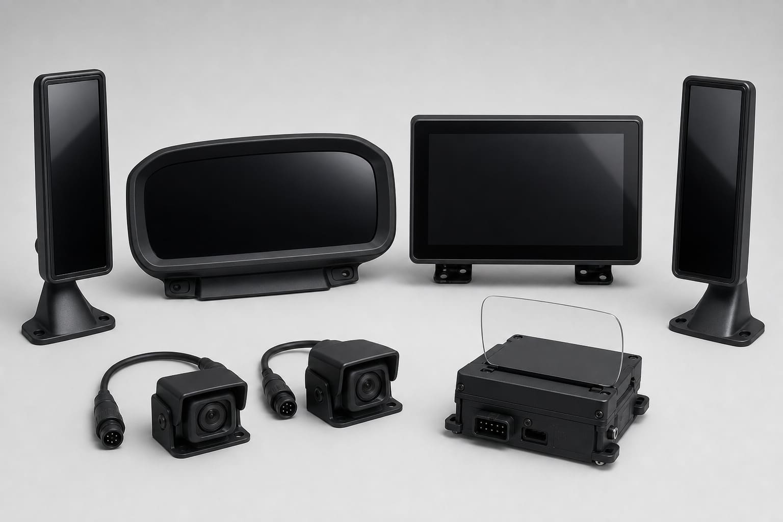 Display and HUD hardware for commercial vehicles: instrument cluster, center display, mirror monitors, side cameras and a compact HUD projector.