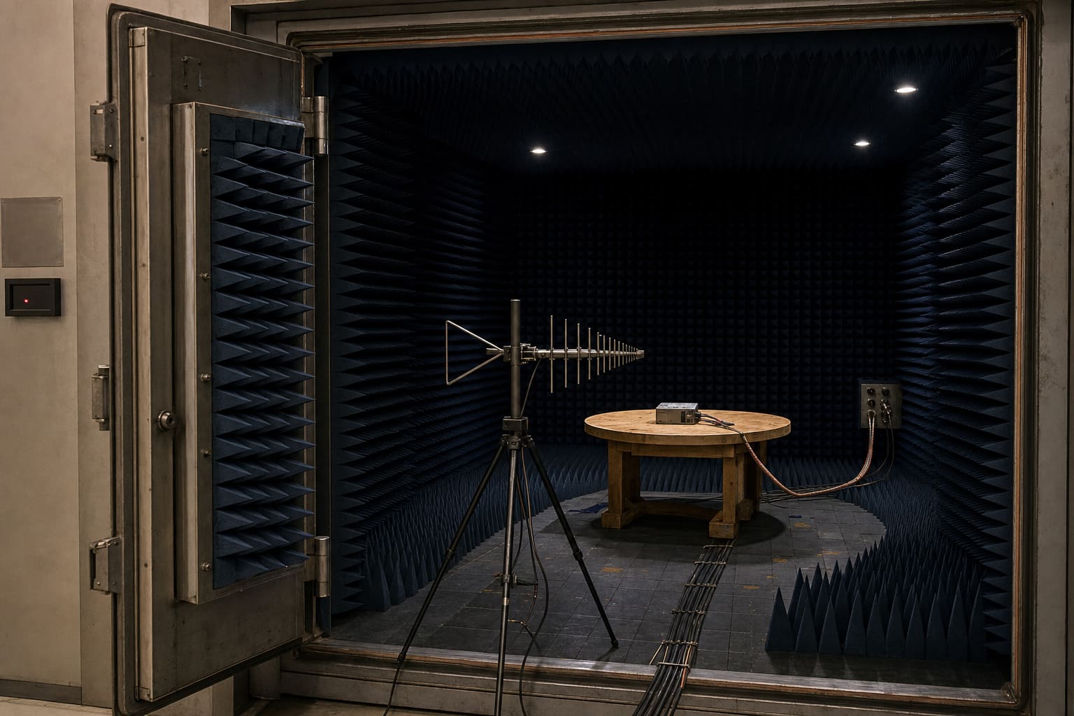 Automotive EMC pre-compliance measurement setup — ferrite-absorber-lined enclosure with an ECU on a wooden test table and a log-periodic antenna in the foreground