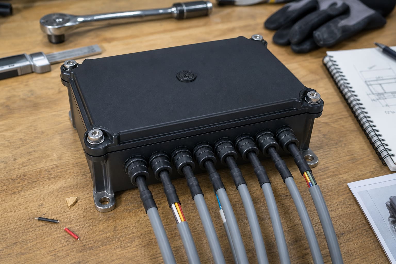 Close-up product view of the Youlai NBX-961 sealed integrated power distribution box on an engineer's workbench, showing the rubber lid gasket, mounting flanges, and a row of sealed connector boots with grey-jacketed harness pigtails