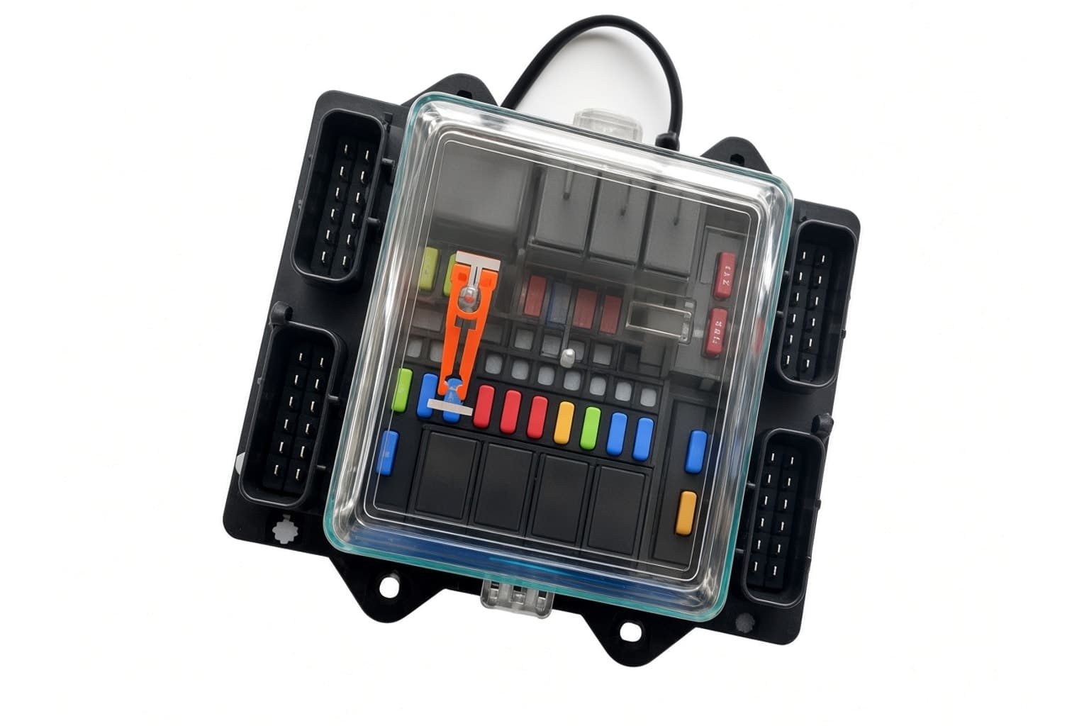 Sealed integrated power distribution box with a clear lid over a colored fuse row and sealed multi-pin automotive connectors on both sides