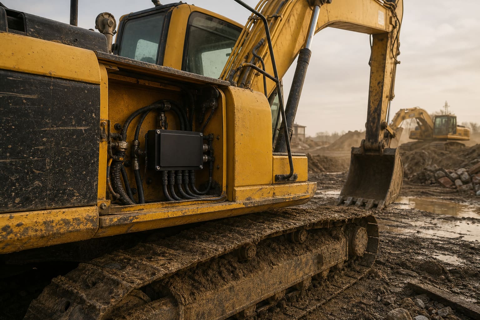 Yellow tracked hydraulic excavator at a working construction site with a sealed black power distribution box mounted on its chassis frame, surrounded by mud, dust and a second piece of construction equipment in the background