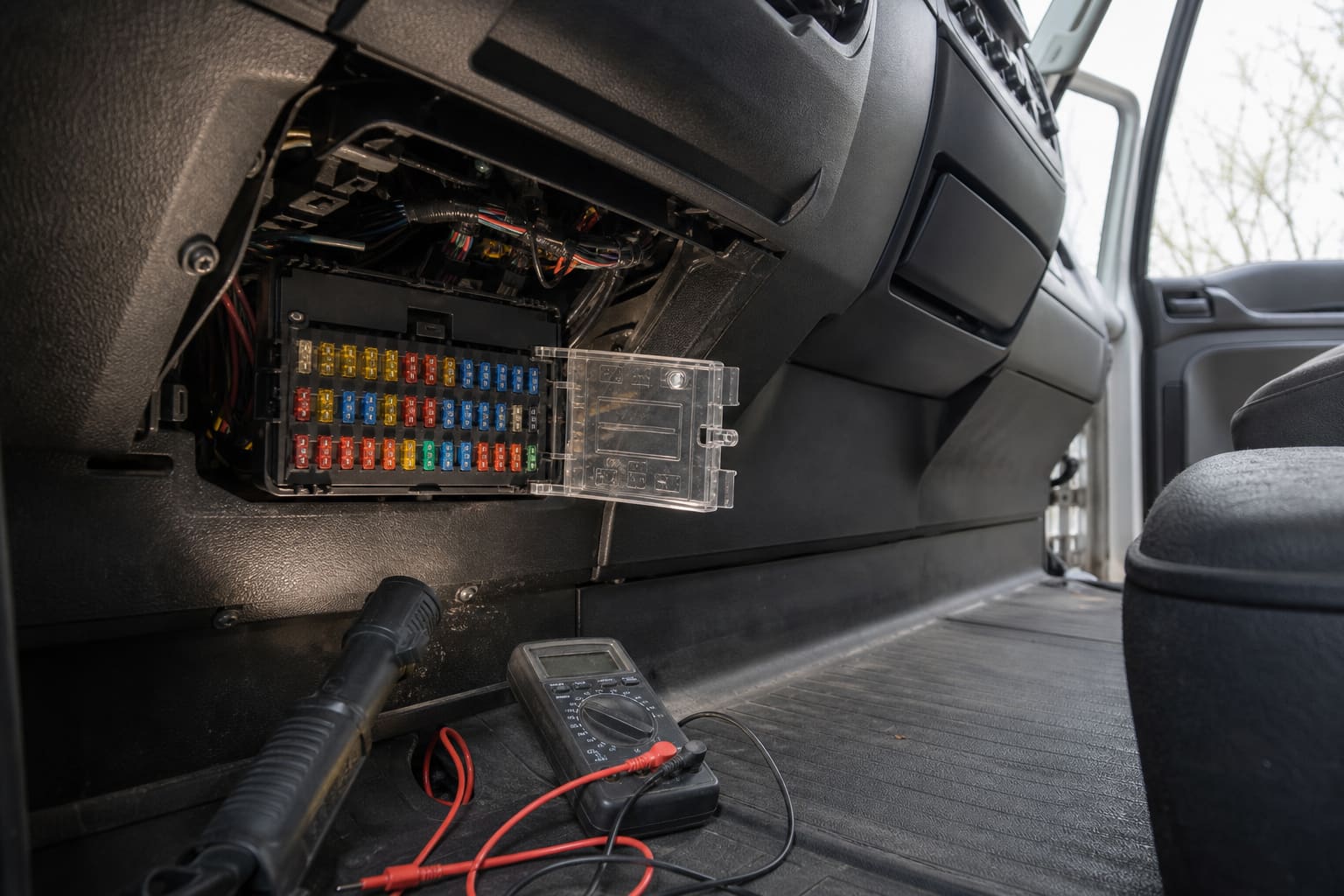 In-cabin fuse box mounted under a heavy commercial truck dashboard, transparent cover open exposing colored ATO/ATC blade fuses, with a multimeter on the floor mat during a fleet maintenance check