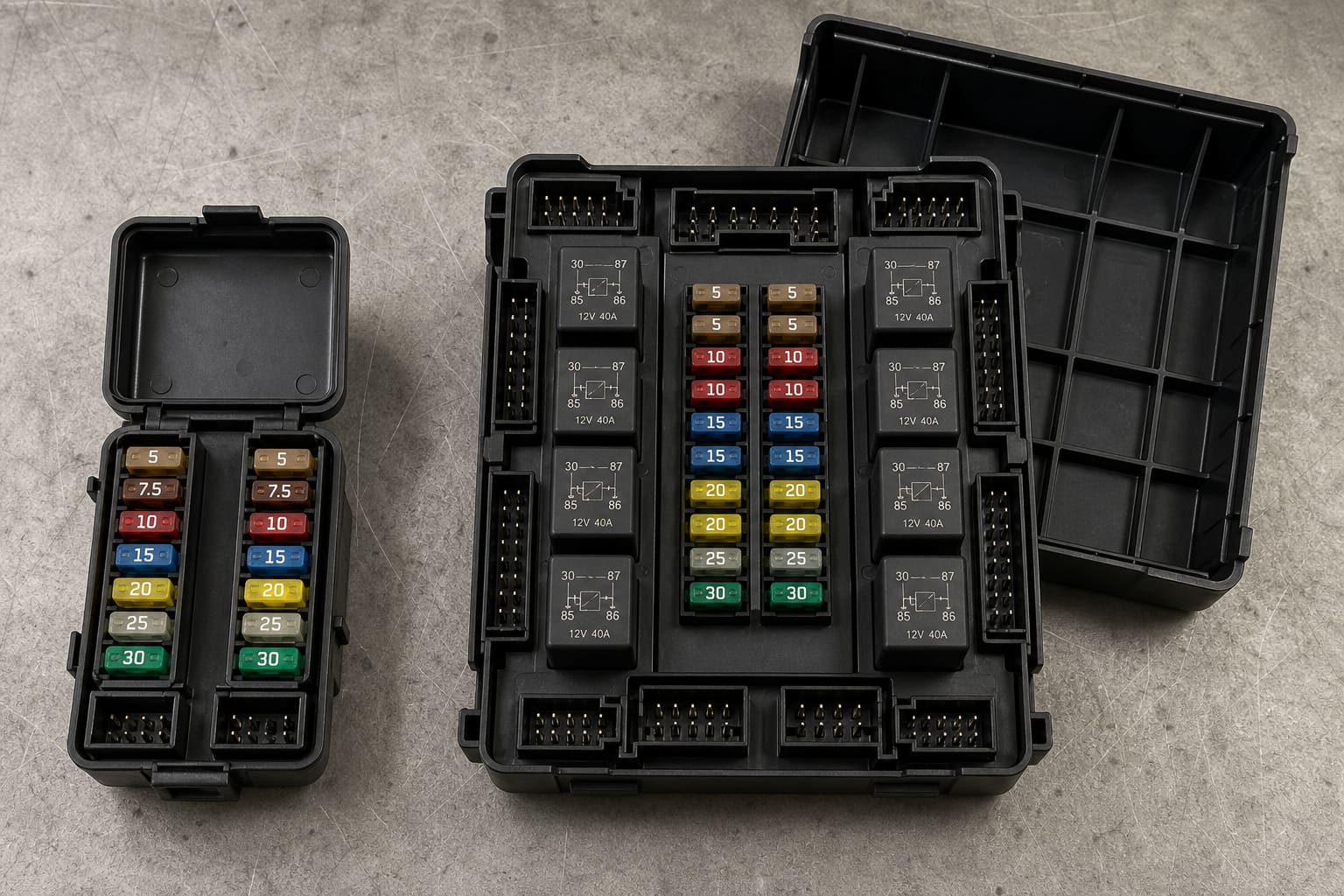 Two open power-distribution boxes on a steel bench: a compact fuse-only box with two rails of blade fuses, and a larger central box with a centre fuse column and cube relays