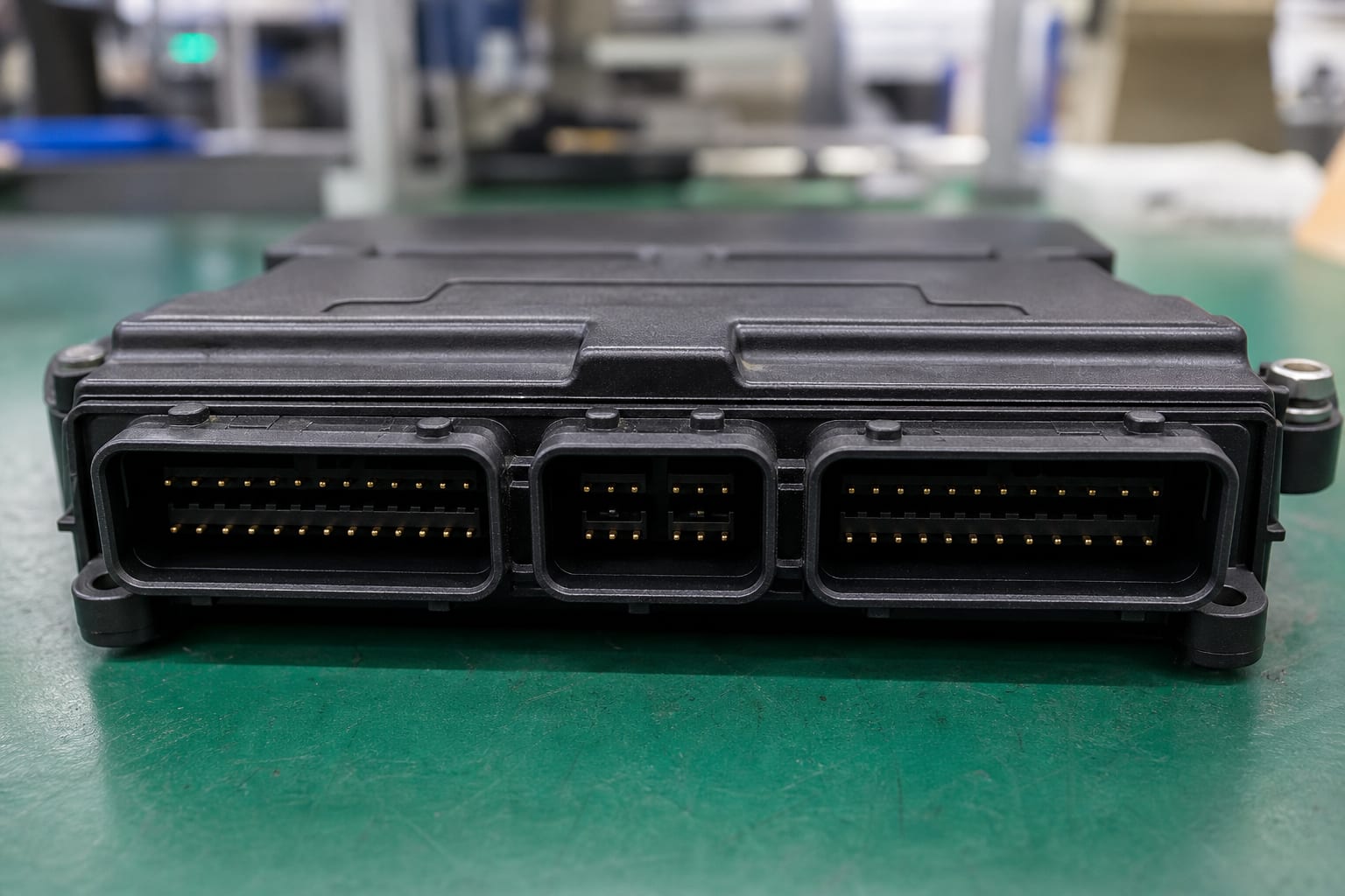 Front view of a heavy-truck body control module showing its three sealed multi-pin automotive connector interfaces with gold-plated terminals, on an antistatic workbench