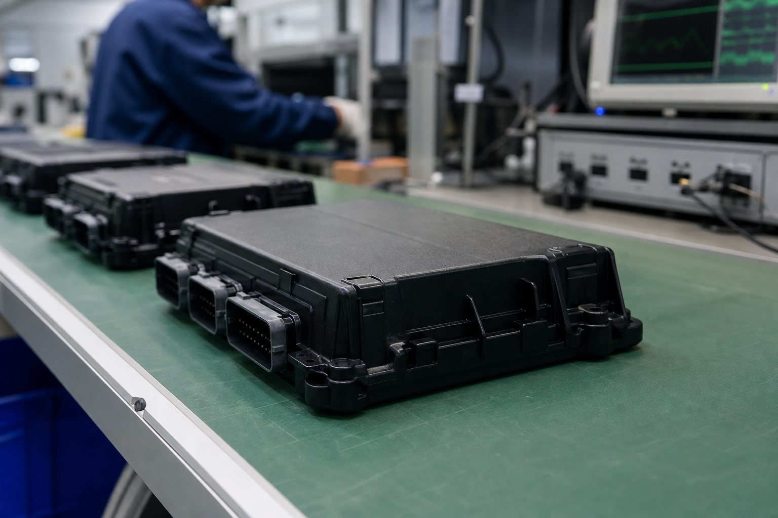 Heavy-truck body control modules with sealed multi-pin automotive connectors staged on an electronics assembly line, a technician monitoring the run in the background