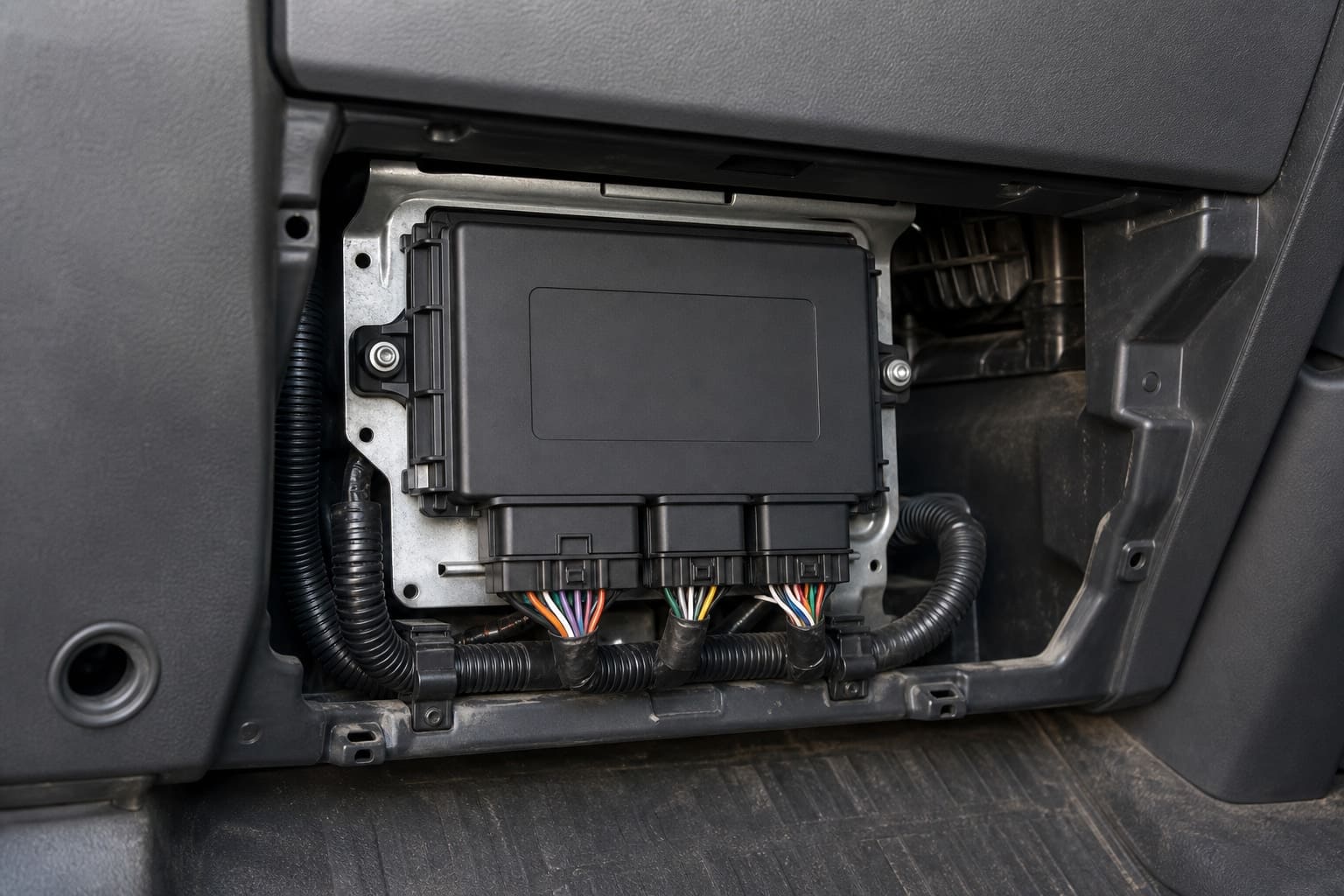 Heavy-truck body control module mounted on a bracket behind a cab service panel, with sealed multi-pin connectors and wiring harnesses routed into it