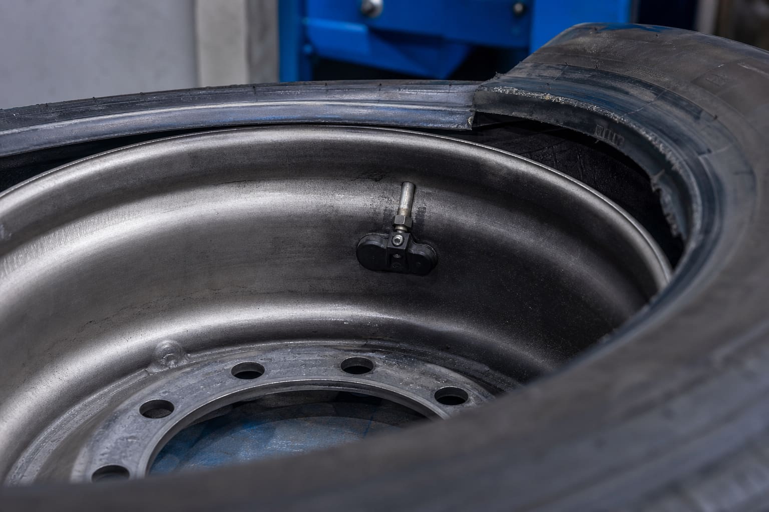 Demounted heavy-truck wheel rim with the tyre bead pulled aside, showing a valve-stem TPMS sensor mounted inside the rim at the valve base