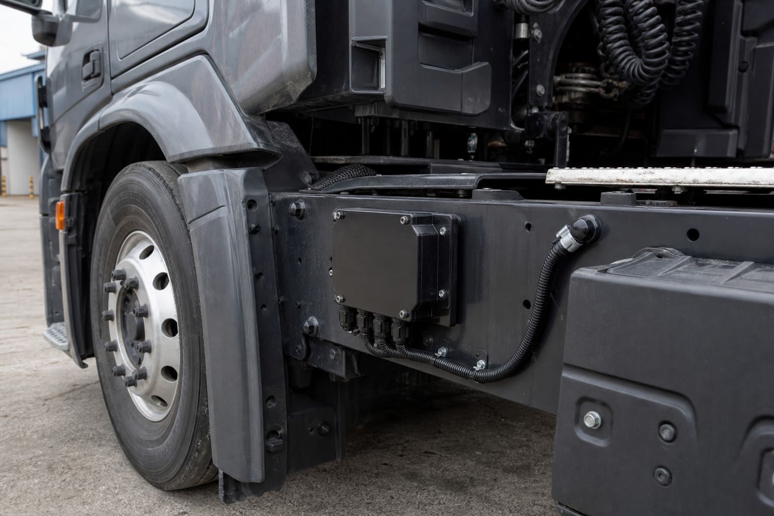 Sealed black power-distribution enclosure and clipped corrugated low-voltage harness mounted on the chassis rail of a heavy-duty tractor, beside the covered battery box