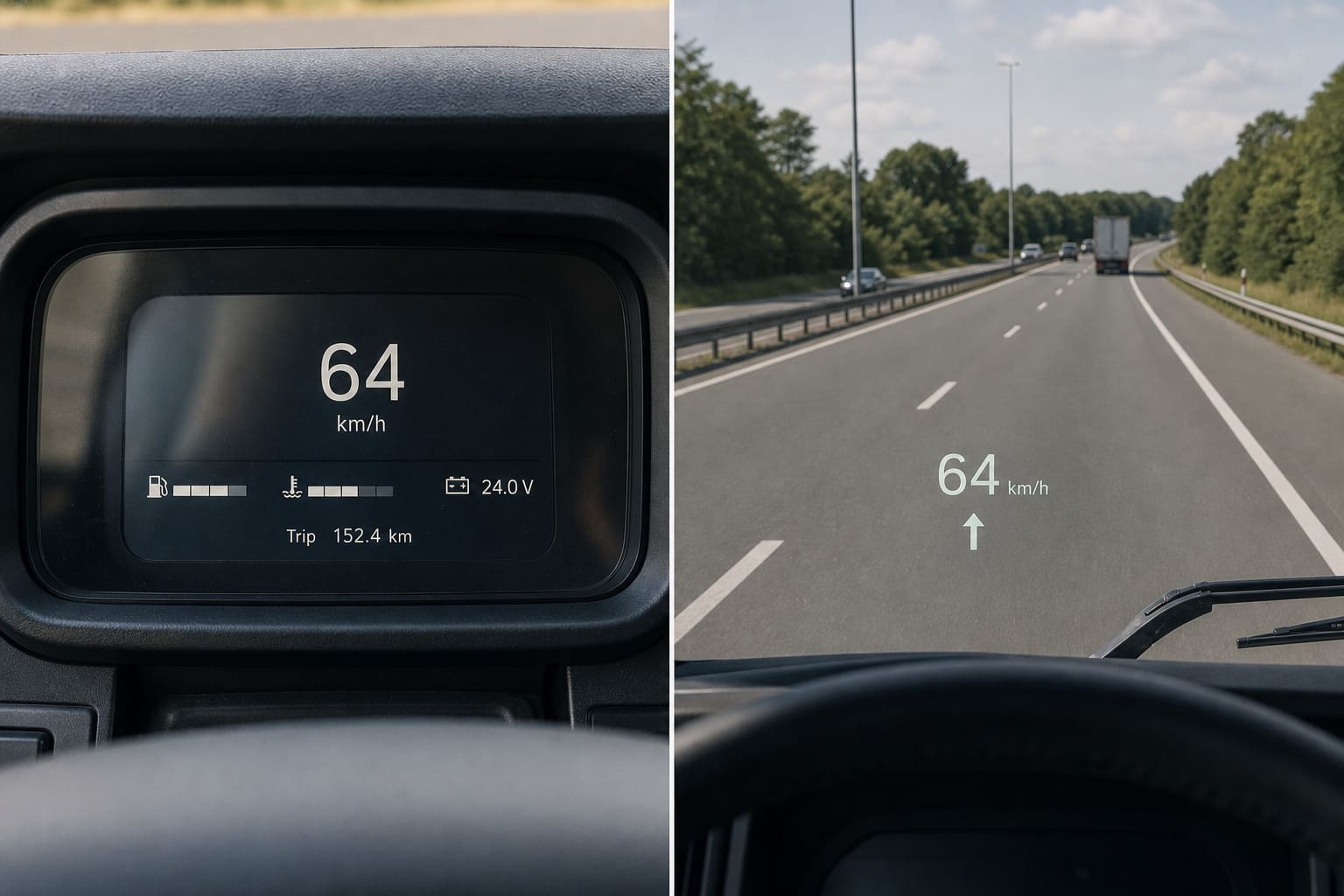 Side-by-side comparison of a commercial-vehicle digital instrument cluster behind the wheel and a head-up display projected into the forward road view