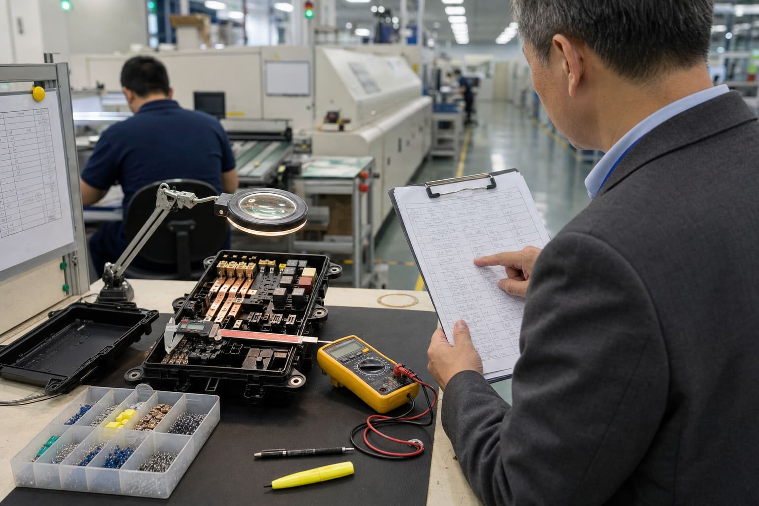 IATF 16949 quality-audit workbench — opened NBX power distribution box, calipers, multimeter and stamped control-plan and inspection documents