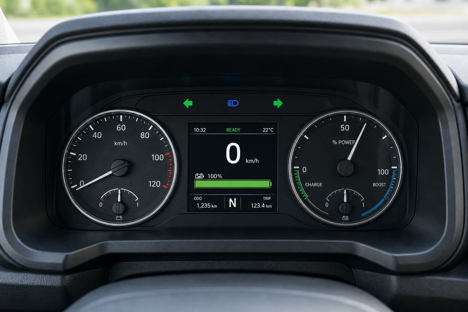 Commercial-vehicle combined instrument cluster: two analogue dials around a central TFT screen showing road speed and battery state-of-charge, with turn-signal and high-beam telltales above the display