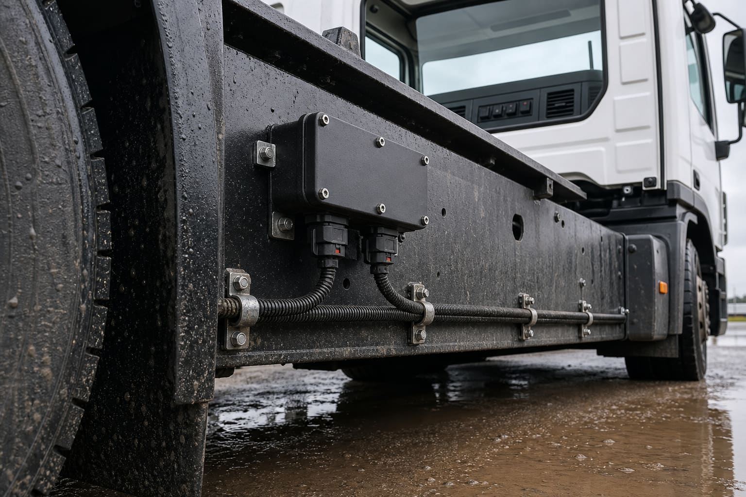 Bolted electronics enclosure on a heavy-truck chassis rail in the wheel-spray path, with cab switches visible through the rear glass and wet ground under the rail.