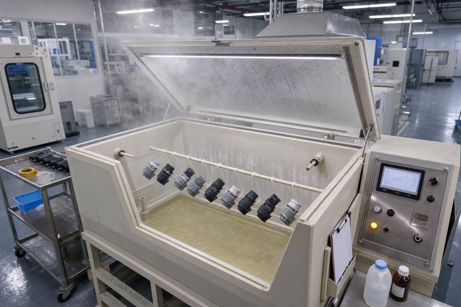 ASTM B117 salt-spray exposure method for sealed automotive connectors: connector samples suspended in a chamber with salt fog