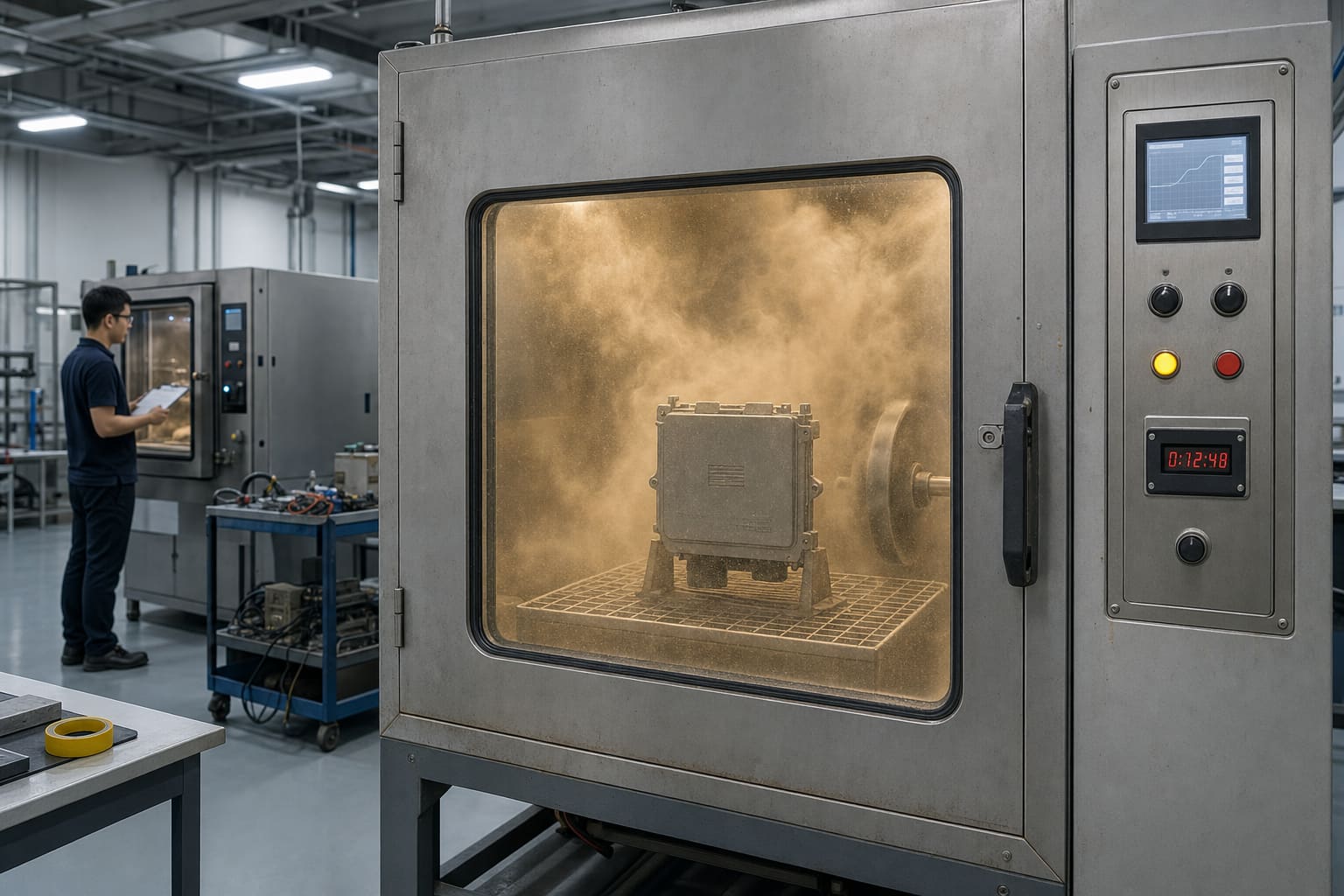 IP6X dust-ingress method for sealed automotive electronics: enclosure in a dust chamber under a sustained talc-dust cloud