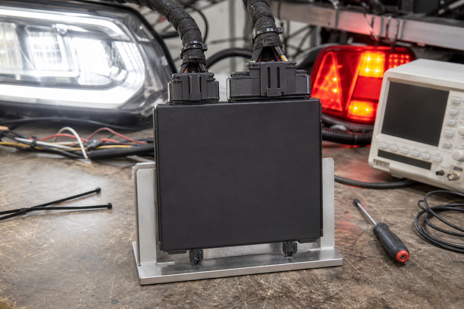 Vehicle lighting control module on a functional-validation bench, connected to a headlamp and a trailer rear combination lamp.