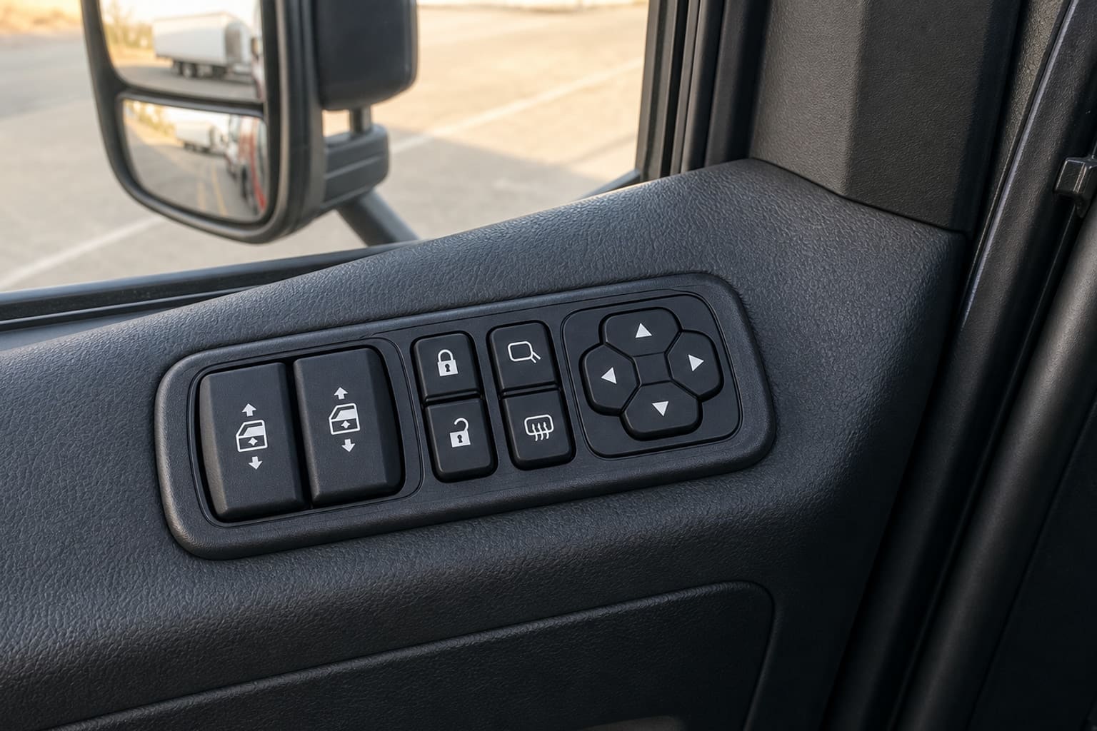 Heavy-truck driver's door armrest with a master switch panel for window lift, central lock and powered mirrors.