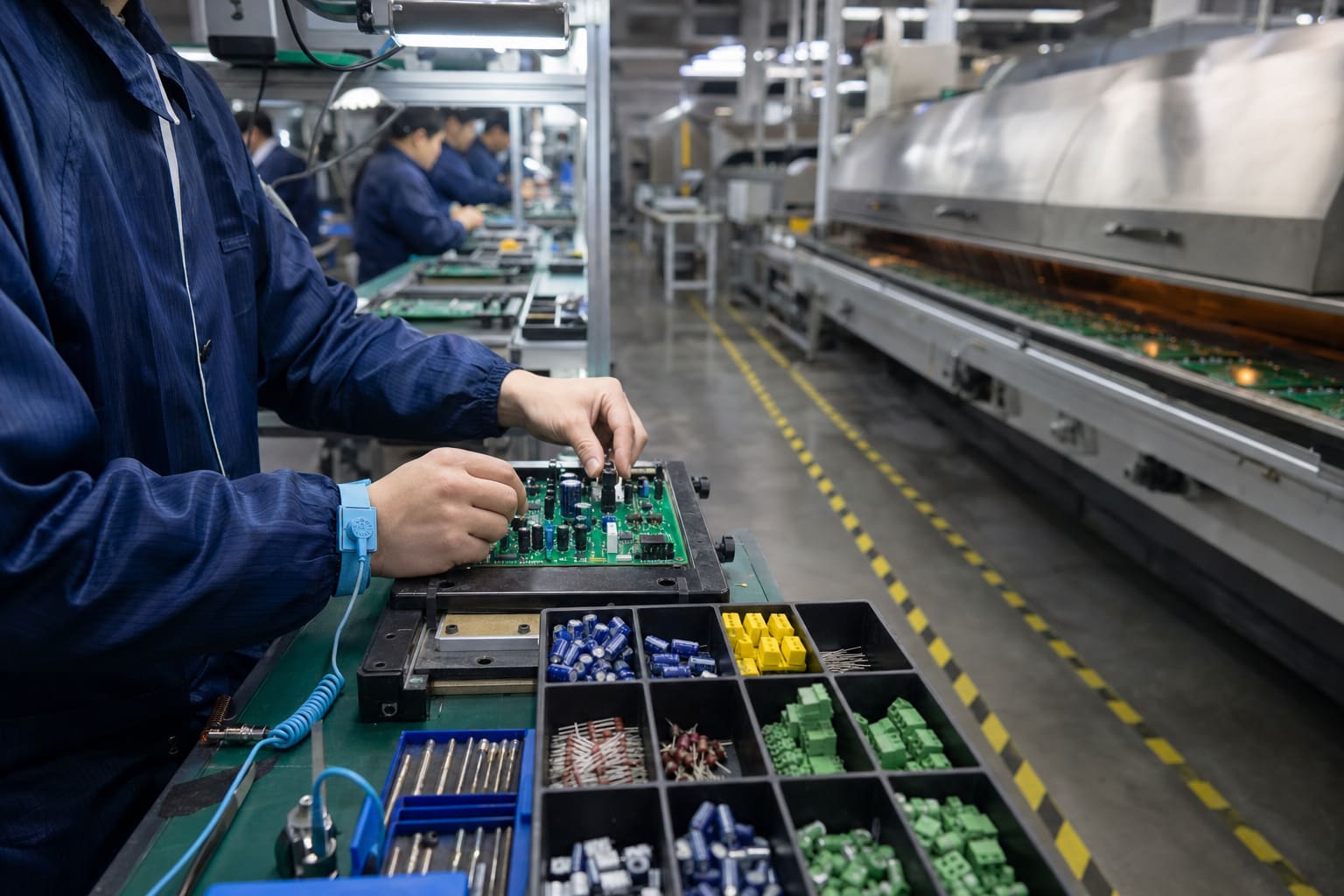 Through-hole assembly station with components staged beside a circuit board and wave-solder equipment in the background