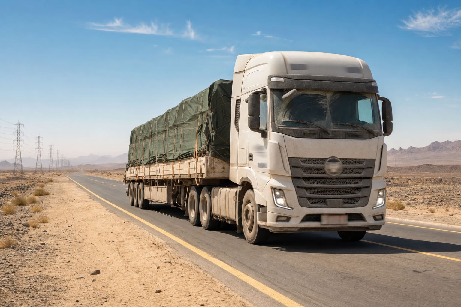 Heavy-duty commercial truck on a Middle East desert highway with sand dunes flanking the road and suspended dust haze — typical GCC duty-cycle conditions