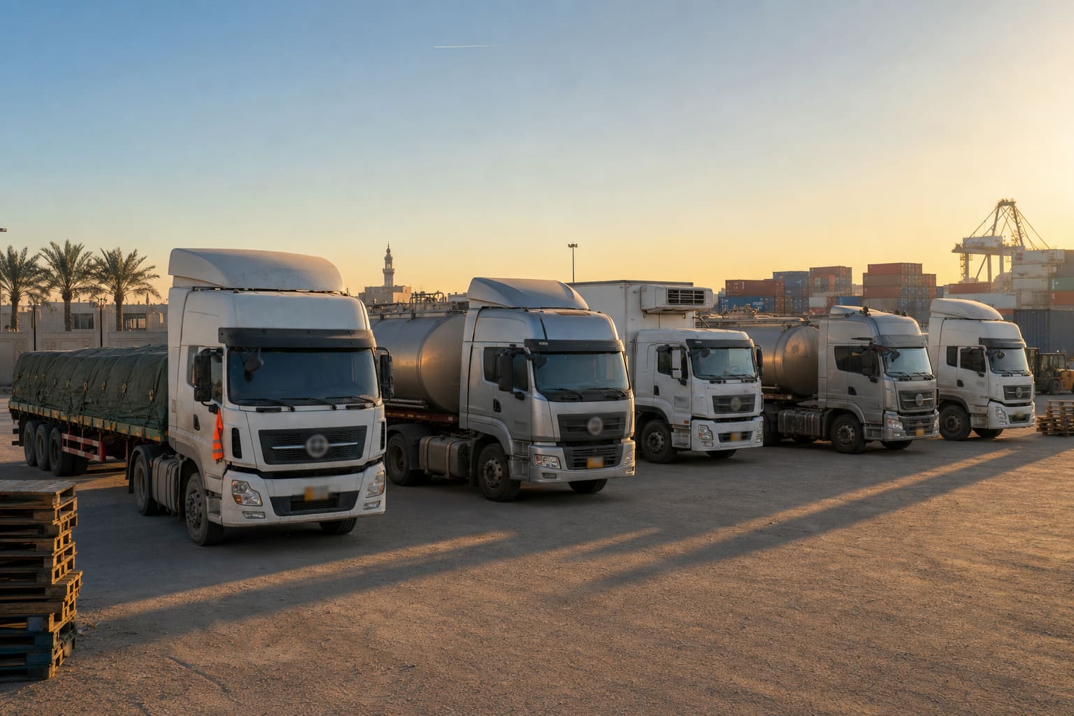 Commercial truck fleet at a Gulf port at dusk — heavy logistics trucks, container yard cranes and palm silhouettes typical of GCC region
