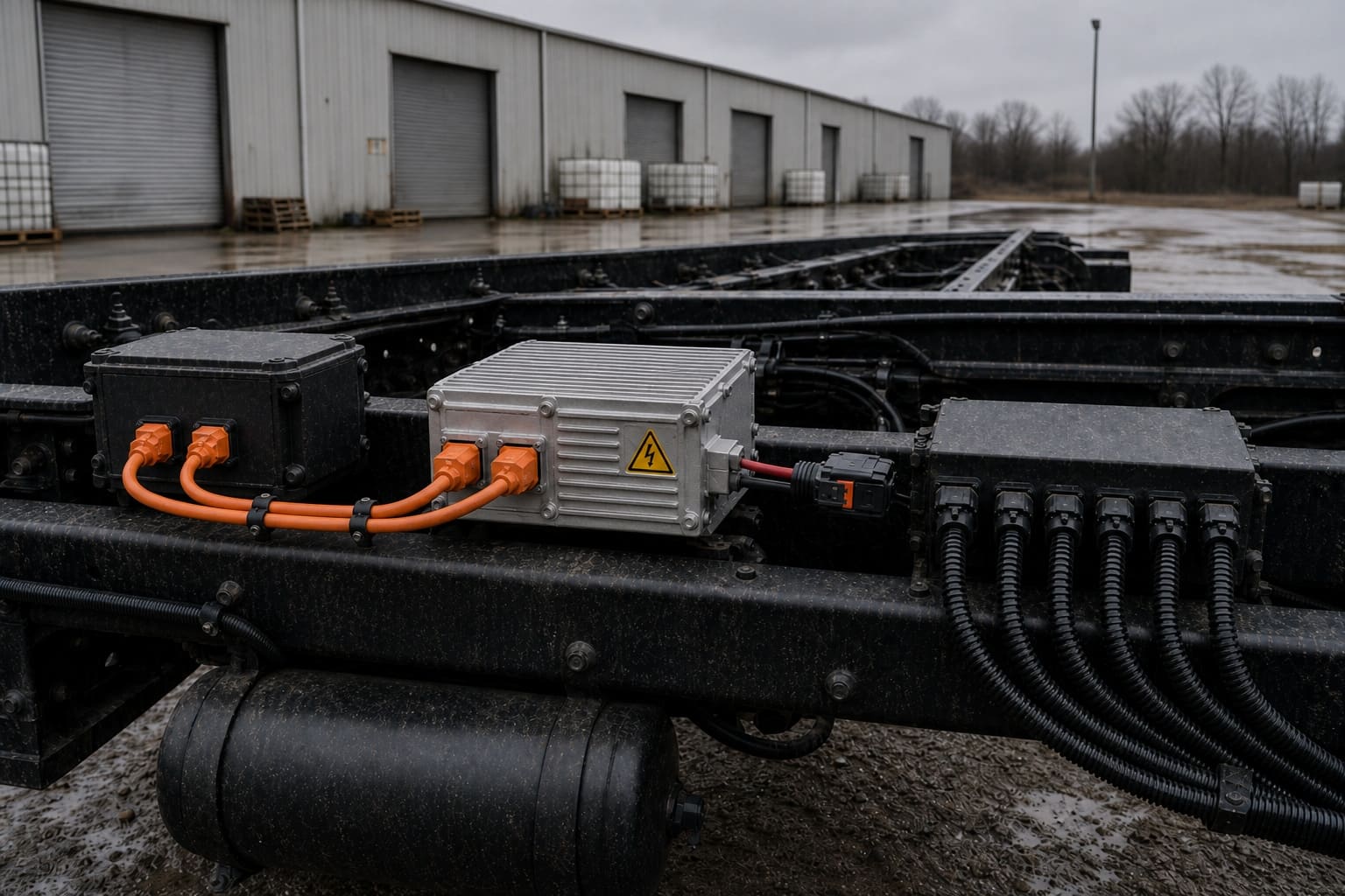 Commercial-vehicle chassis power chain: pack junction to a sealed HV-to-24 V converter on orange high-voltage cables, then a closed low-voltage distribution module with black branch harnesses