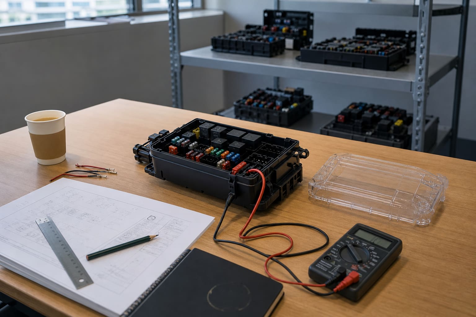 OEM electronics engineer evaluating an opened NBX-series power distribution box on a clean workbench with multimeter, schematic and reference samples