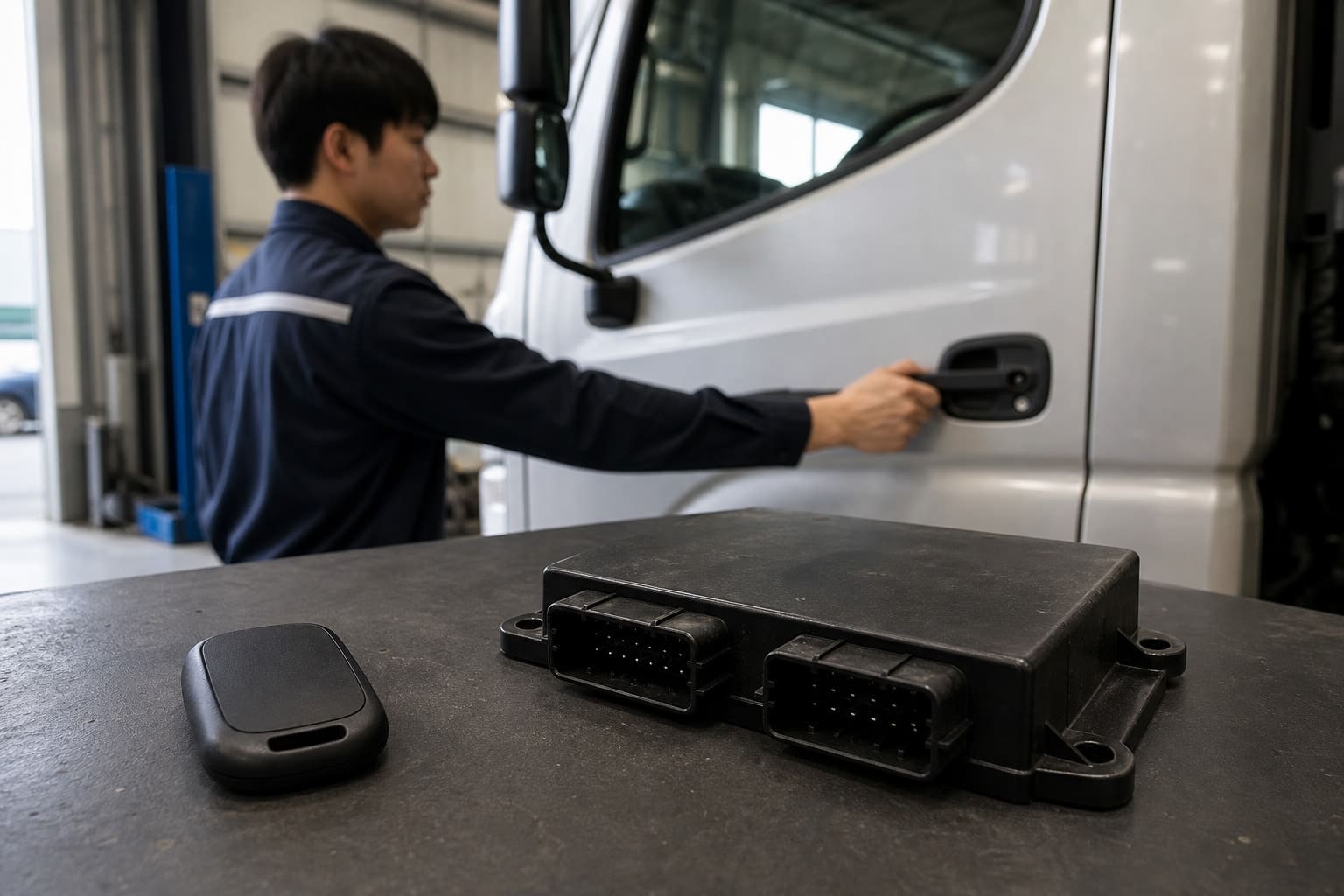 A smart-key fob and a PEPS electronic control module on a workbench, with a technician reaching for a commercial-truck cab door handle in the background.