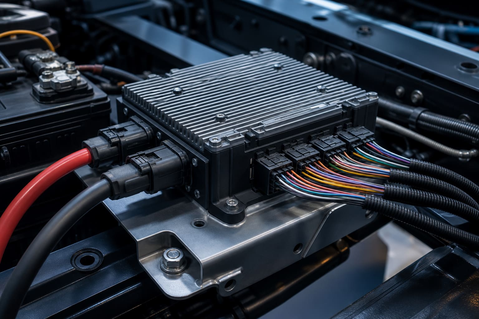 A power management unit mounted near the battery on a commercial-vehicle chassis, with heavy battery cables on one side and a fan of smaller load wires leaving the other side toward lamps, solenoids and motors.