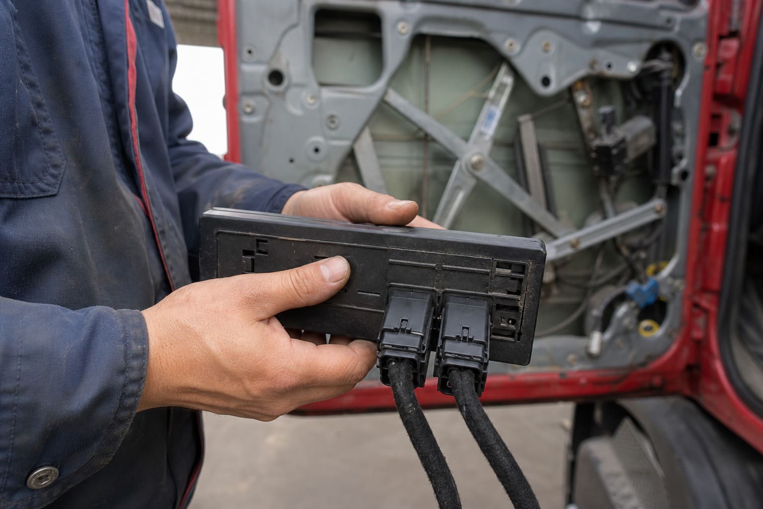 Hands holding a connected door and window control module in front of an exposed commercial-truck window regulator.