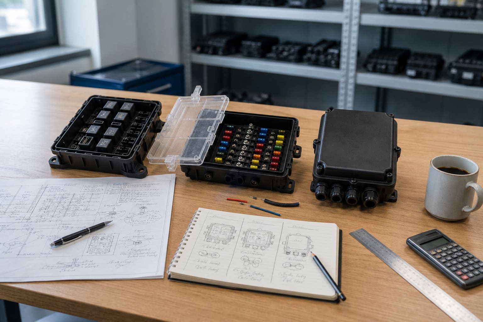 Three different commercial-vehicle electrical enclosures laid side by side on an engineer's workbench: a relay box on the left, a fuse box with transparent cover lifted in the middle, and a sealed junction box on the right, with comparison sketches in a notebook