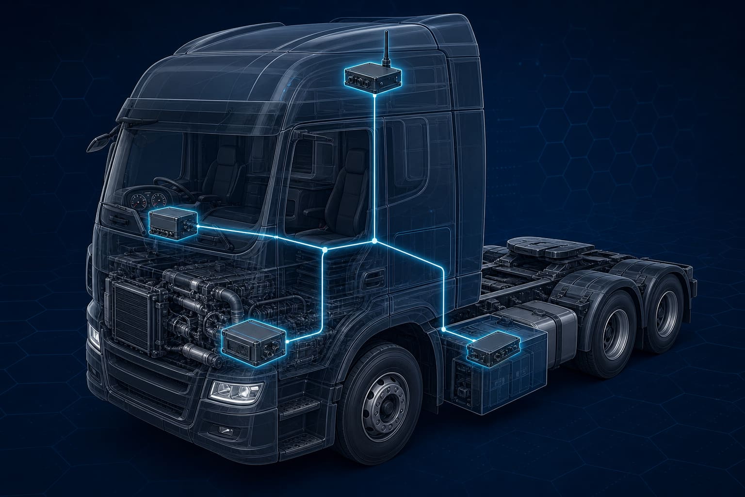 Conceptual cutaway view of a heavy commercial truck showing where BCM, VCU, PMU and T-BOX modules sit on the body, powertrain, battery and roof of the cab, with CAN bus lines connecting them