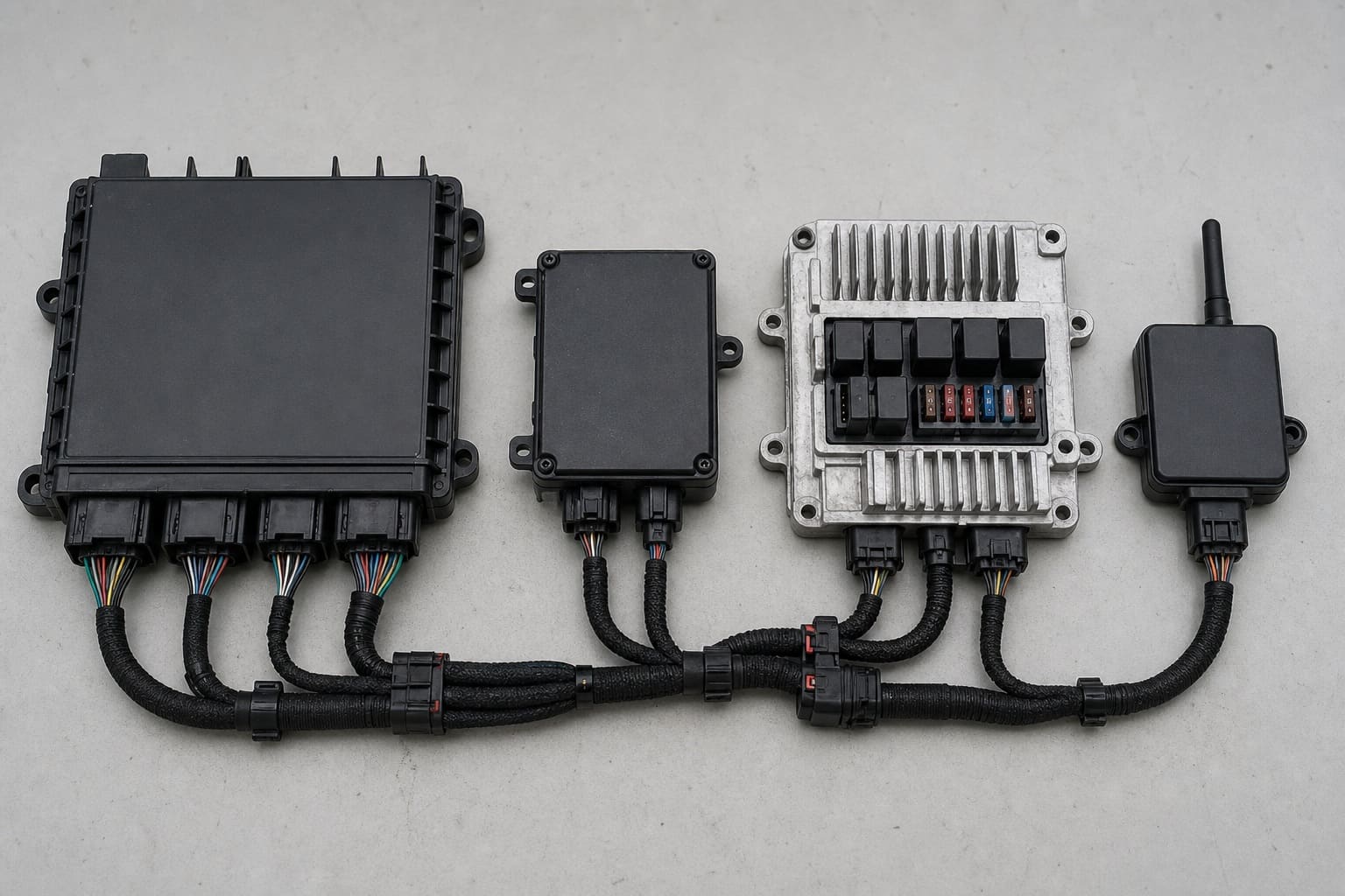 Commercial-vehicle smart control modules — body control module, vehicle control unit, power management unit with integrated fuses, and a telematics box — linked by an automotive wiring harness.
